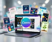 Laptop displaying Canva with floating educational cards around it, suggesting a creative design for teaching materials.