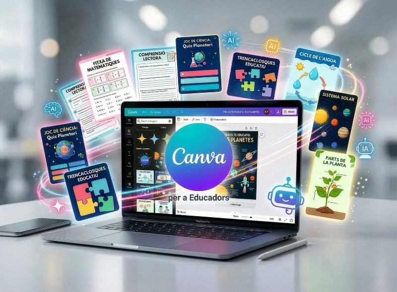 Laptop displaying Canva with floating educational cards around it, suggesting a creative design for teaching materials.